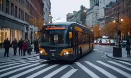 people walking on the sidewalk next to a bus