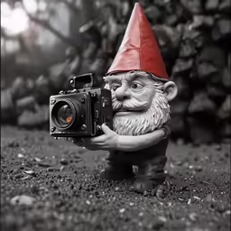 a gnome with a camera on the ground