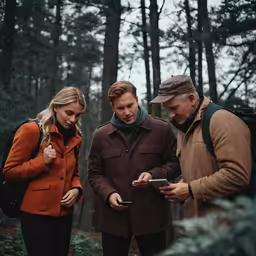 people in the woods looking at a cell phone