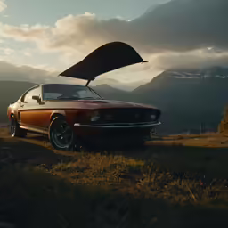 a brown mustang with a hood on it sits in a grassy field