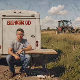 a man sitting outside on a bench near a bus