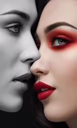 two women with red lips and long black hair, one with red lip polish