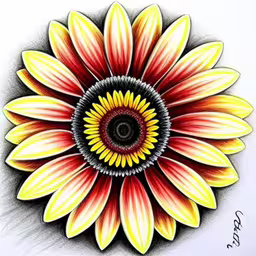 a colorful sunflower drawing on paper, using color pencils,a drawing of a yellow flower that is in red and yellow,drawing of an abstract flower from the book,a colorful sunflower drawing on a white surface,a picture of a very nice flower designed by a artist