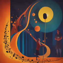 two men in a room with an abstract painting,a painting is shown with an abstract background