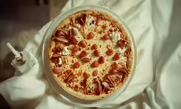 a white plate topped with a pizza on a table