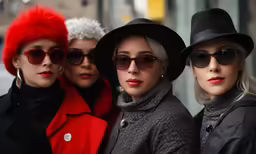 a group of young women dressed in fur coats