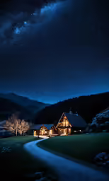 house at night lit up with milky in the background