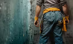 an industrial man standing next to a wall