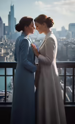 two women in long dresses standing by the water in front of a city