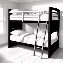 bunk beds with ladders against a white wall