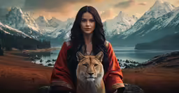 woman with mountain backdrop holding a wild lion