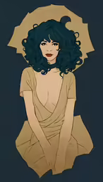 a drawing of a woman with dark blue hair