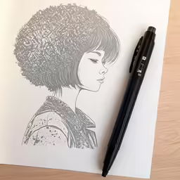 a drawing of a girl in a hat with black pen