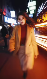 a woman wearing a blazer and dress is walking down a street