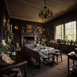 dining room area in house with fireplace and windows