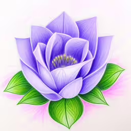 a large purple flower with green leaves on a white background,a colored image of a purple flower with green leaves