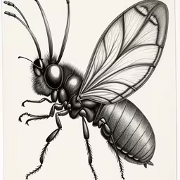 the image depicts a detailed bee from an engraving,a bee in pencil drawing on a white paper