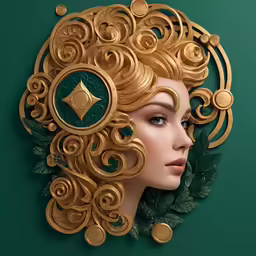 a head of a mannequin wearing a gold broach and green jewels
