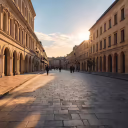 people walk through an empty sidewalk with many arches