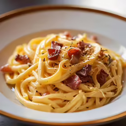 the plate has noodles and bacon on top