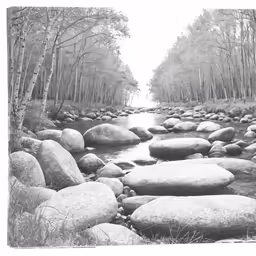 river runs through woods with lots of rocks on the side