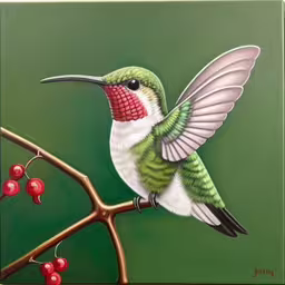 a painting of a humming bird on the branch,an oil painting of a hummingbird on a branch