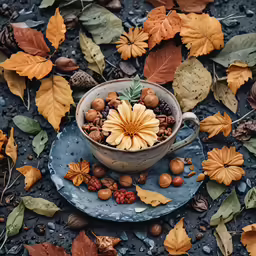 a cup of coffee sits on top of a plate with leaves