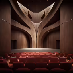 a theater with red chairs and walls on either side of it