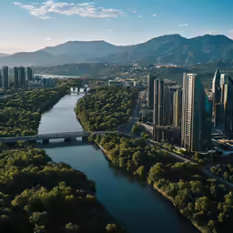 a river runs through a large city with a bridge