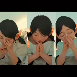an animation girl has three pictures of her praying