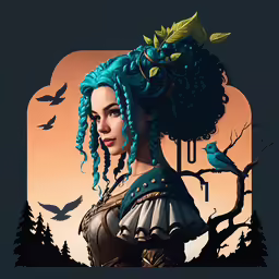 a drawing of a woman with long hair wearing a bird in her head and birds flying around her