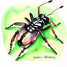 a close up of a bug on a white background,there is a black and white bug on the green leaf