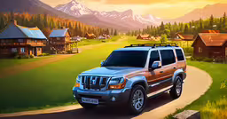 a painting of a parked car on a road near a log cabin,a jeep parked in front of a colorful landscape