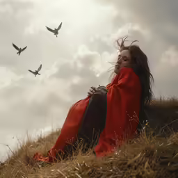 a woman with long hair in a red coat sitting on a hill