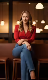 a woman in red shirt and jeans sitting on wooden bench