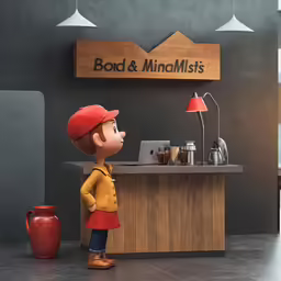 a young boy is talking to someone behind a counter