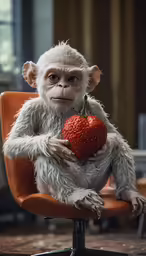a stuffed monkey holding a strawberry in an office chair