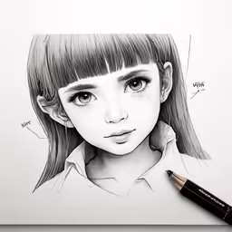a pencil drawing of a girl with bangs on the top and sides
