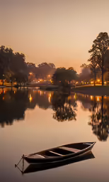 a small rowboat on a lake at dusk