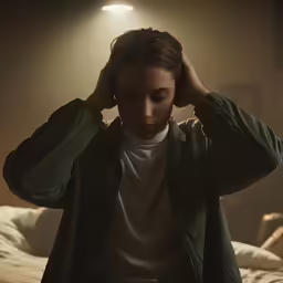 a woman with her hands on her head in a dimly lit room