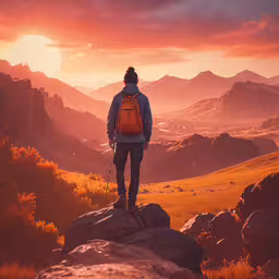 a man with backpack standing on top of a rock near mountains,a man stands on a rocky peak with a backpack