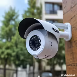 a white outdoor security camera sitting on a wooden post