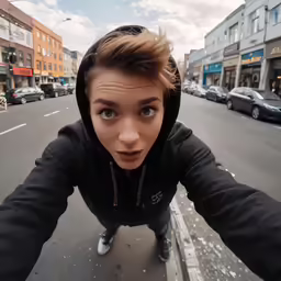 a girl is wearing a hooded jacket in the middle of the street