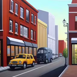 a painting of a street lined with buildings