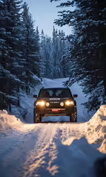 a jeep drives through deep snow in the woods