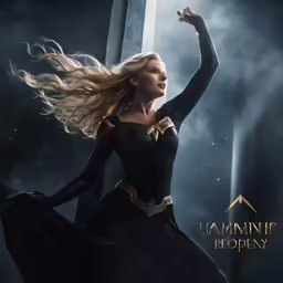 a woman in a costume is standing up with her arms stretched out