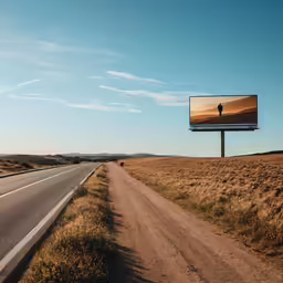 a large billboard is on a road in a wide open landscape
