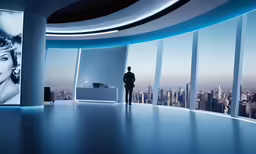a man standing in front of a view of a city