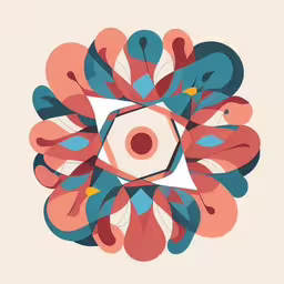 an abstract flower in red and blue tones,a flower that has many leaves in it