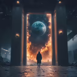 person in front of a door surrounded by an enormous space